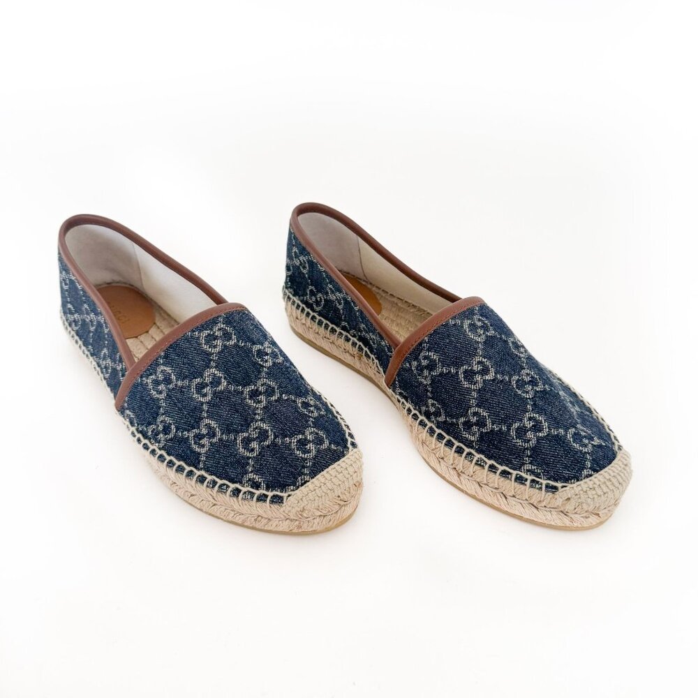Gucci GG Monogram Espadrille Flats EU 37 US 7 Navy Blue Denim Slip On Rope Shoe - Picture 1 of 11